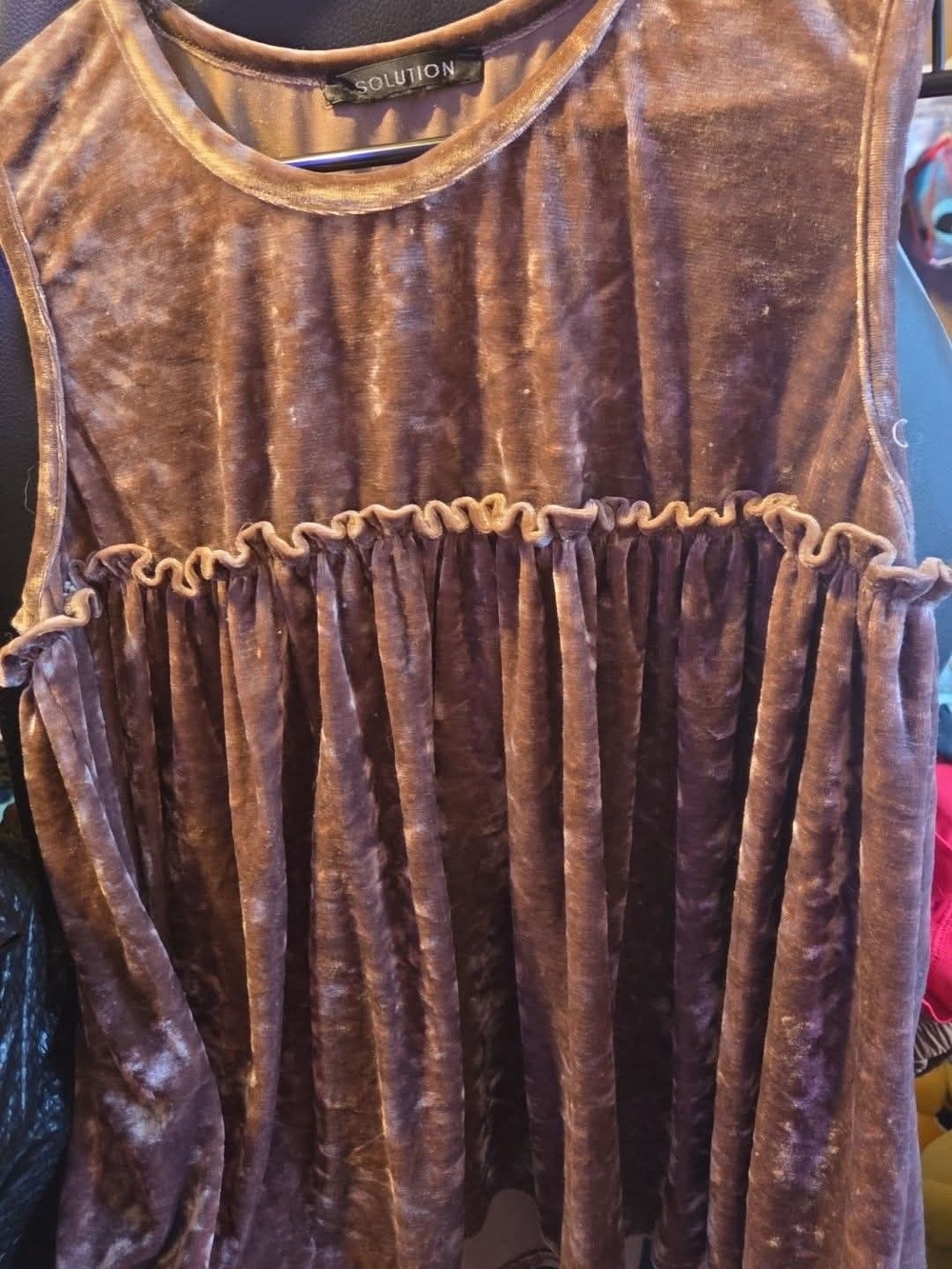 Solution Velvet Sleeveless Ruffled Peplum Top - Chocolate